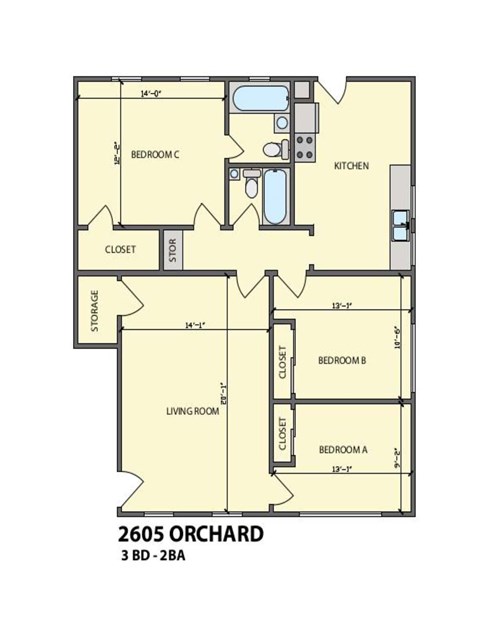A floor plan of a 2605 Orchard 3 Bed-2Ba property.